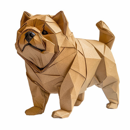 Crumpled paper origami dog isolated on a white background.の写真素材