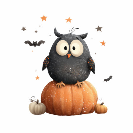 Cute cartoon black owl sitting on a pumpkin. Halloween illustration.の写真素材