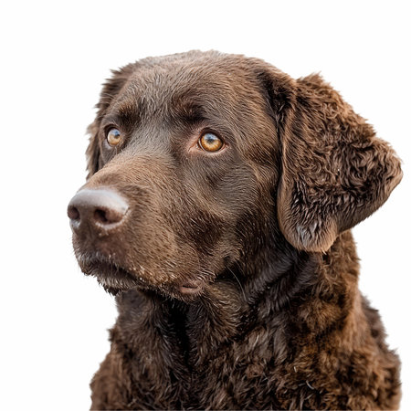 Studio shot of a chocolate labrador retriever, isolated on white backgroundの写真素材
