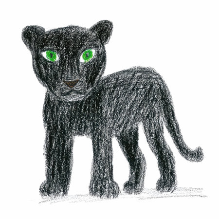 drawing of a black cat with green eyes on a white backgroundの写真素材