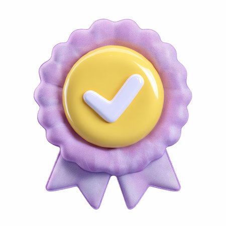 This adorable cartoon award badge features a scalloped edge and a cheerful yellow check mark, perfect for recognizing achievement in a playful and fun style.の写真素材