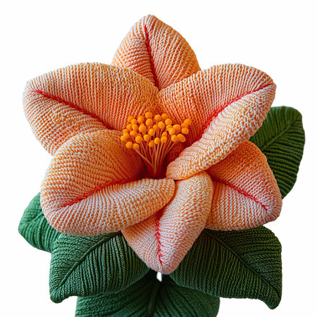 Orange and green crocheted flower isolated on white background with clipping pathの写真素材