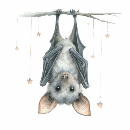A charming illustration of a bat with oversized ears suspended upside down on a branch, surrounded by twinkling stars in a magical night sky.の写真素材