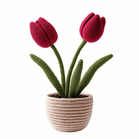 Red tulips in a pot isolated on white backgroundの写真素材