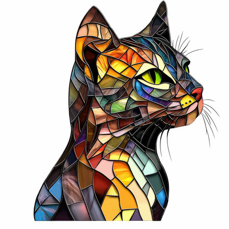 Illustration in stained glass style with abstract cat on a white backgroundの写真素材