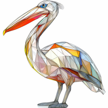 Illustration of a pelican in low poly style on white backgroundの写真素材