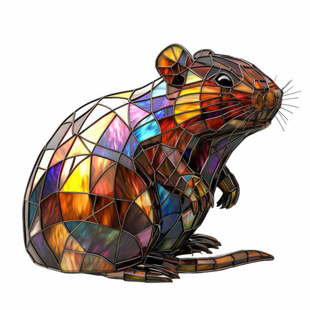 Illustration in stained glass style of a rat isolated on white backgroundの写真素材