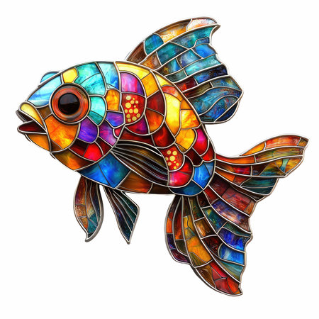 Colorful stained glass fish. Isolated on white background with clipping path.の写真素材