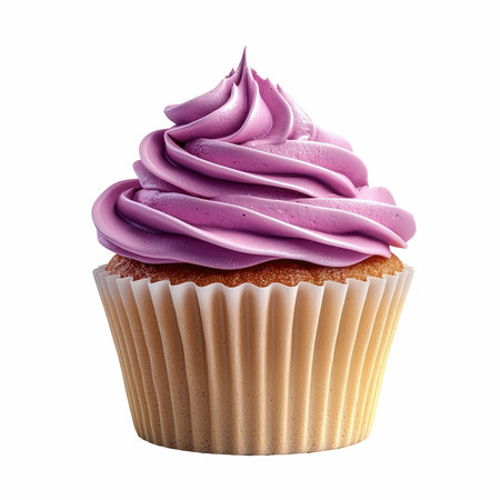 A mouthwatering cupcake with elegant purple frosting, isolated on a crisp white background, ideal for desserts, celebrations, and food photography. Enjoy this tasty treat!の写真素材