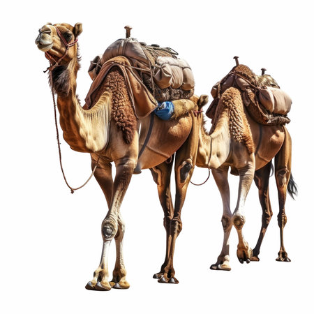 Camels isolated on white background. Clipping path included for easy extraction.の写真素材