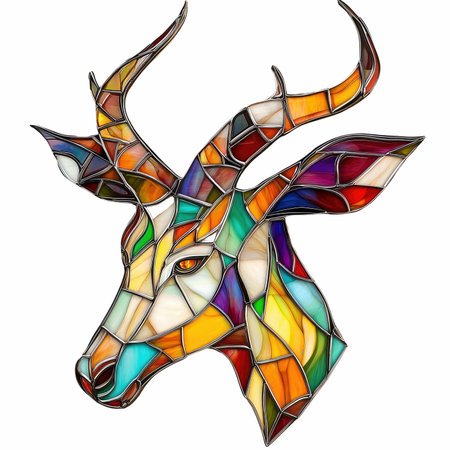 abstract illustration in stained glass style with a deer head on a white backgroundの写真素材