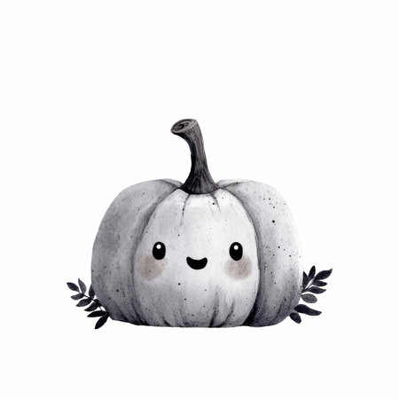This delightful watercolor illustration presents a charming Halloween scene with a cute white pumpkin. Perfect for festive decorations and autumn themes.の写真素材