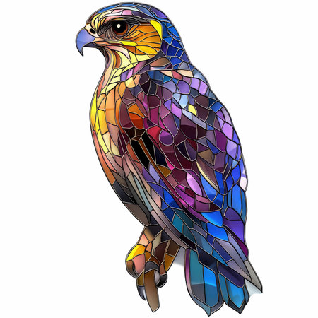 Illustration in stained glass style with a bird of prey on a white backgroundの写真素材
