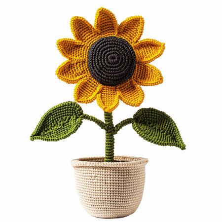 Handmade crocheted sunflower in a pot isolated on white backgroundの写真素材