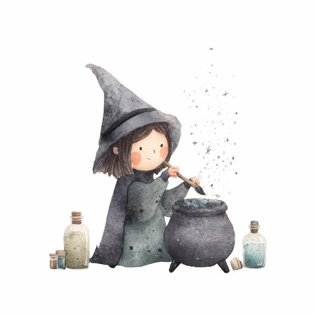 A charming illustration of a little witch stirring a magical cauldron, surrounded by sparkling potions, evoking a whimsical sense of fantasy.の写真素材