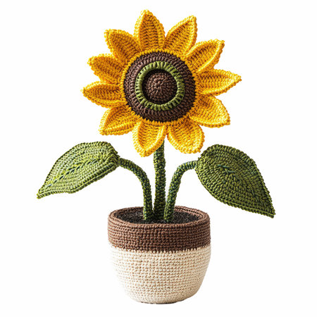 Handmade knitted sunflower in a pot isolated on white backgroundの写真素材