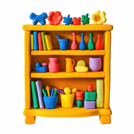 Wooden shelves with colorful toys. Isolated on white background.の写真素材
