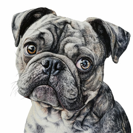 Close-up portrait of a pug dog, isolated on white backgroundの写真素材