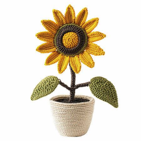 Handmade knitted sunflower in a pot isolated on white backgroundの写真素材