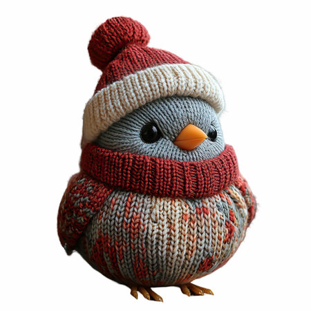 Cute little bird in a knitted hat isolated on white backgroundの写真素材