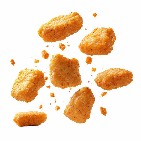 A visually appealing image showcasing isolated chicken nuggets falling mid air against a clean white background, perfect for food and culinary themed projects.の写真素材