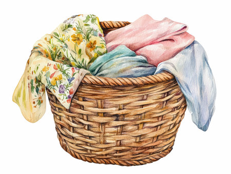 Basket with laundry. Hand drawn watercolor illustration isolated on white backgroundの写真素材