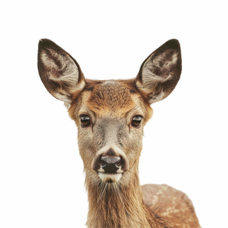 Close up of a young deer isolated on white background with clipping pathの写真素材