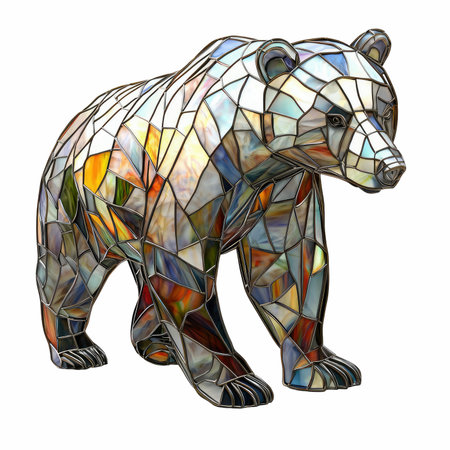 Illustration in stained glass style with a brown bear on a white backgroundの写真素材