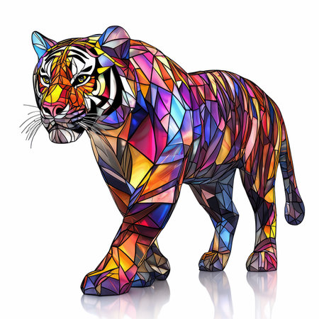 Tiger with a multicolored mosaic on a white background.の写真素材