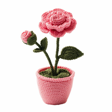 Handmade crocheted flower in a pot isolated on white backgroundの写真素材