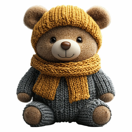 Teddy bear in a knitted hat and scarf isolated on white backgroundの写真素材