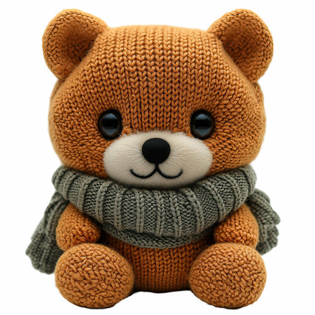 Teddy bear in warm knitted scarf isolated on white background.の写真素材