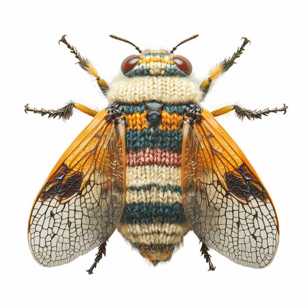 3D digital render of a bee with a knitted pattern isolated on white backgroundの写真素材