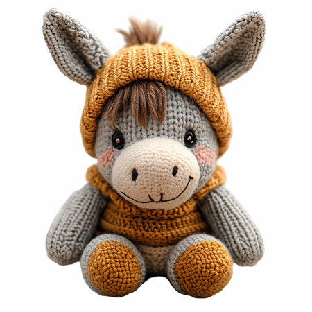 Toy donkey in a knitted hat and scarf isolated on white backgroundの写真素材