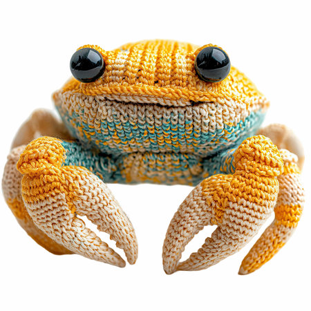 Handmade crocheted baby crab isolated on white background. Clipping path included.の写真素材