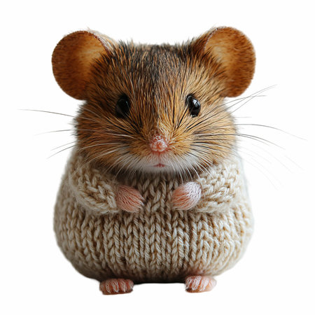 Cute little hamster in knitted hat isolated on white backgroundの写真素材
