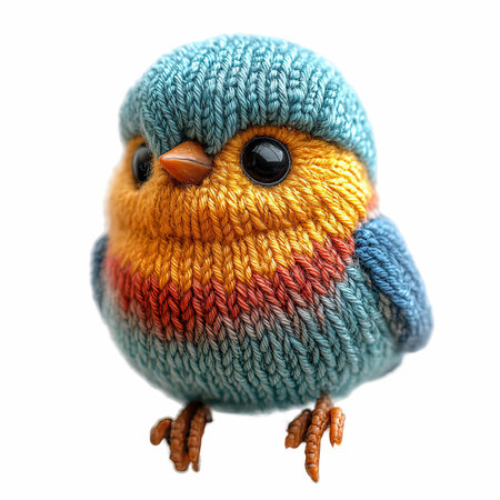 Cute toy bird in a knitted hat isolated on white backgroundの写真素材