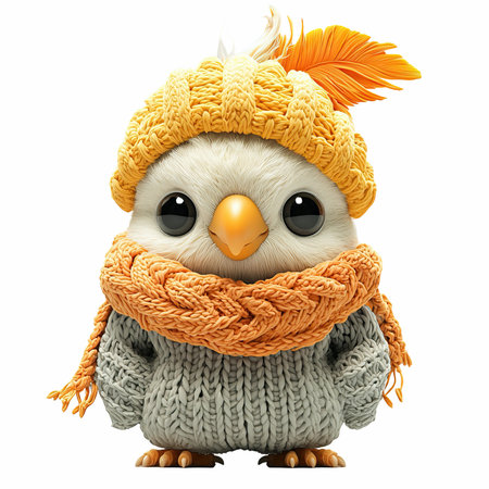 Cute cartoon chick in a knitted hat and scarf isolated on white background.の写真素材