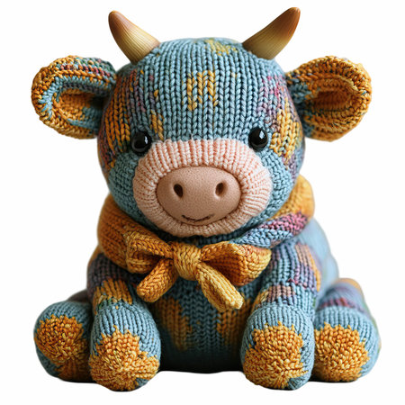 Cute toy cow in a knitted sweater isolated on white backgroundの写真素材