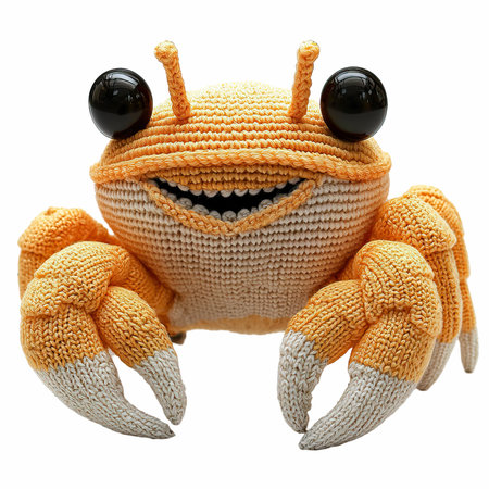 Knitted toy crab isolated on white background. Clipping path included.の写真素材