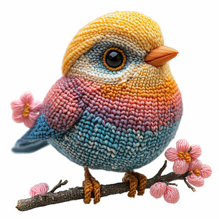 Handmade knitted toy bird isolated on white background. Clipping path included.の写真素材