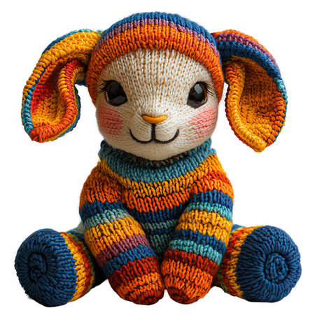 Knitted toy rabbit isolated on white background.