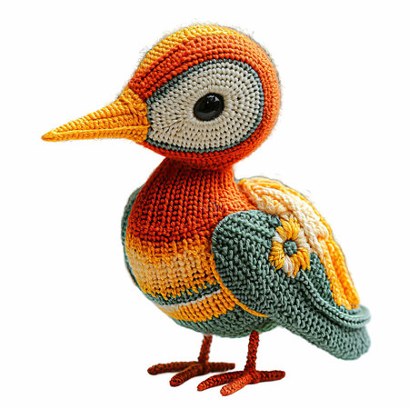 Knitted toy duck isolated on white background. Clipping path included.の写真素材