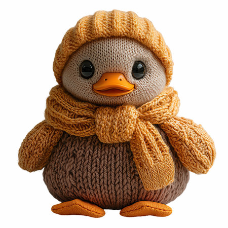 Cute baby penguin in knitted hat and scarf isolated on white background