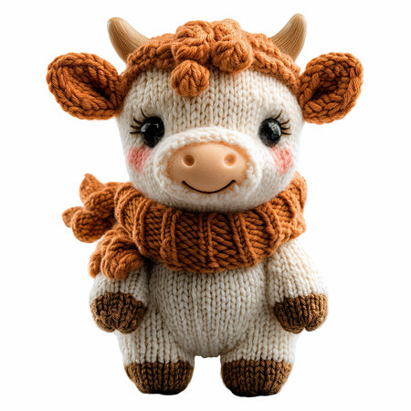 Cute toy cow in knitted scarf isolated on white background.の写真素材