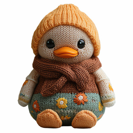 toy duck in a knitted hat and scarf isolated on white backgroundの写真素材