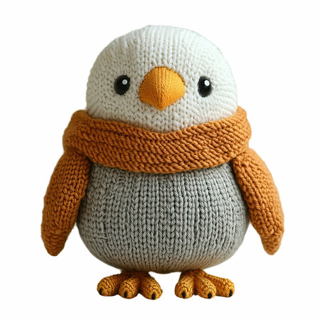 Handmade knitted penguin isolated on white background with clipping pathの写真素材
