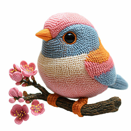 Cute toy bird on a branch with flowers isolated on white backgroundの写真素材