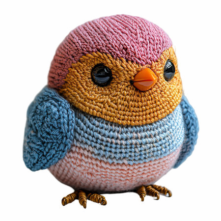 Handmade knitting woolen toy bird isolated on white background with clipping pathの写真素材