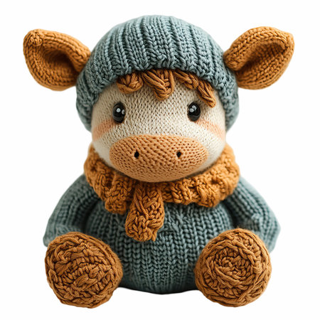 Soft toy hippo in knitted hat isolated on white background.の写真素材